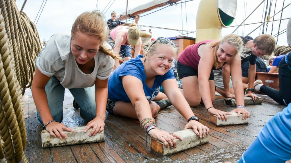 2017 Mar 5 Amanda, Maggie, Andrea Holy Stoning Aft Deck [Photo by Kelsey Hamel] 2017 Mar 5 Amanda, Maggie, Andrea Holy Stoning Aft Deck [Photo by Kelsey Hamel] Best Schools at Sea