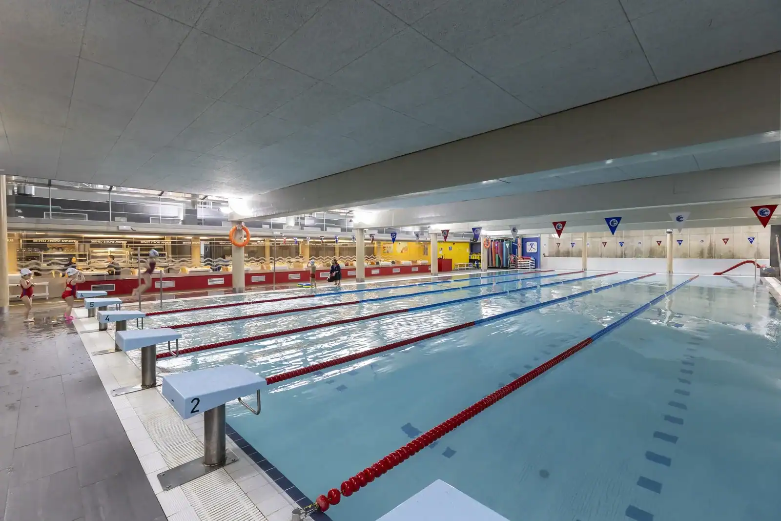 Indoor swimming pool with multiple lanes and starting blocks.