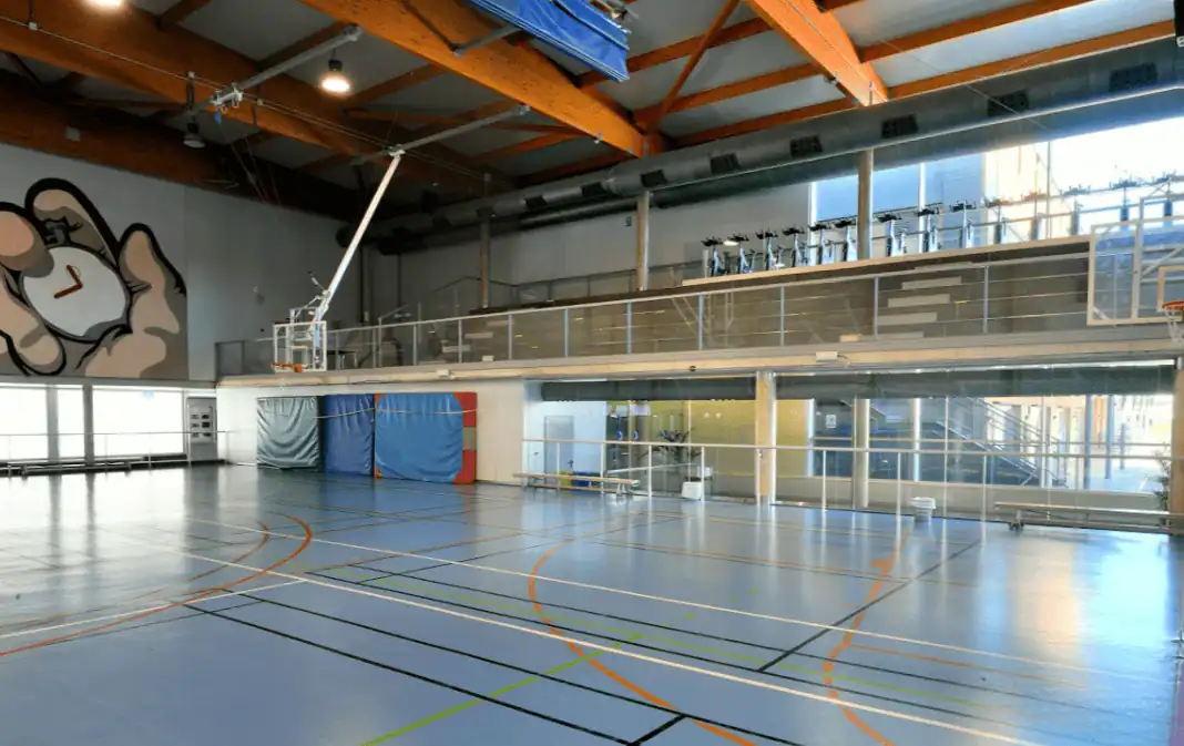 Indoor sports hall with wooden beams and mural, basketball hoop, and blue court lines.
