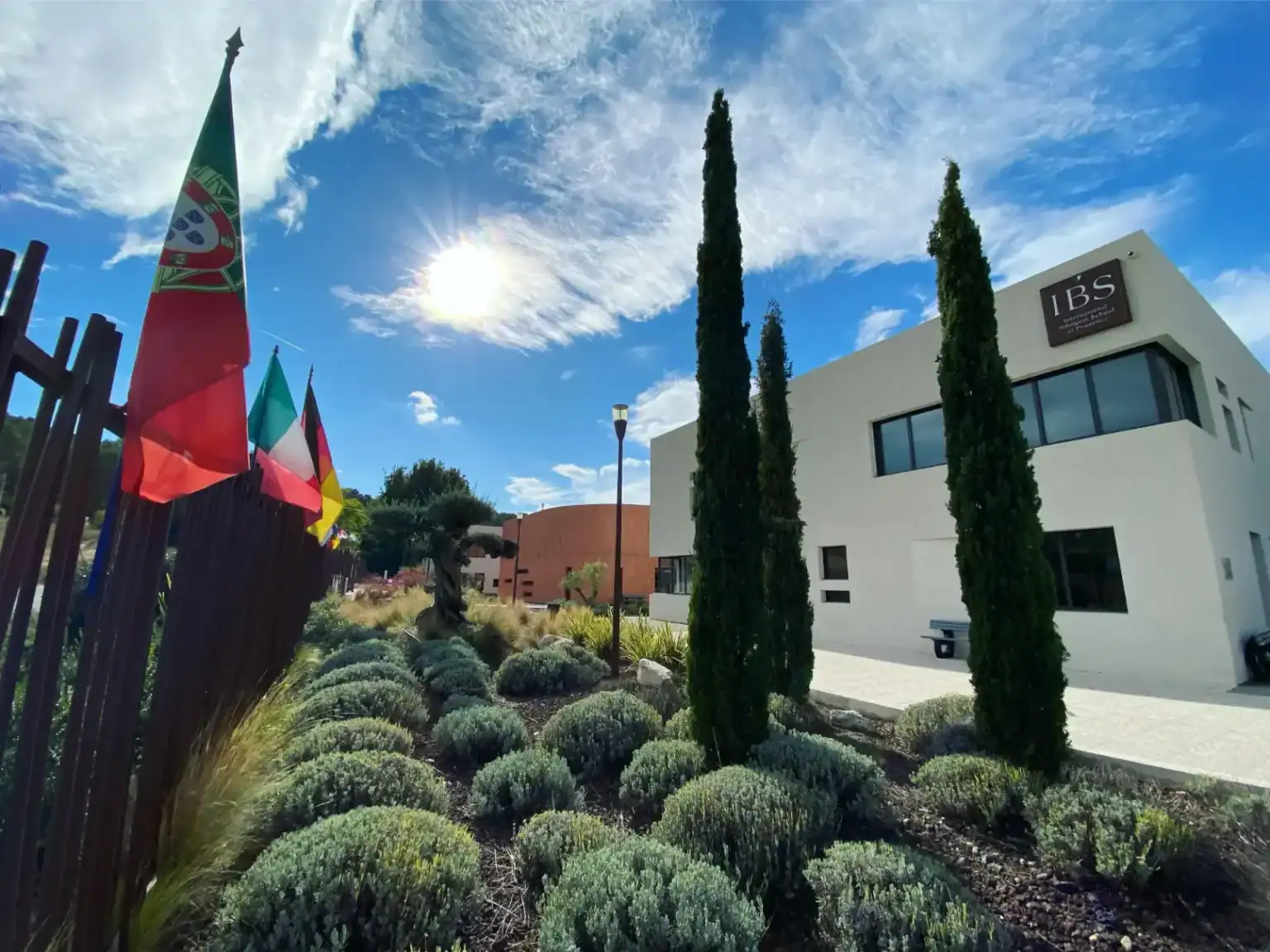 Modern international school campus with lush landscaping and multiple national flags, under bright blue sky.