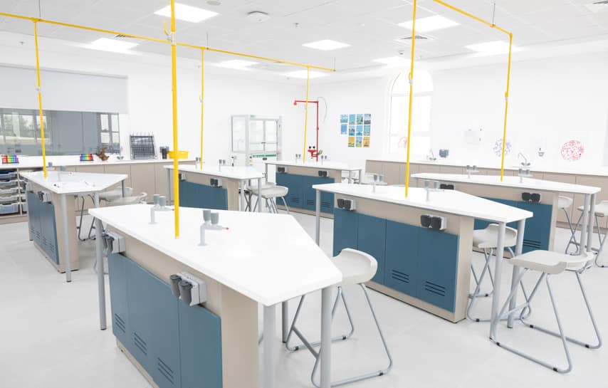 Modern science laboratory with advanced equipment and safety features at World Schools.