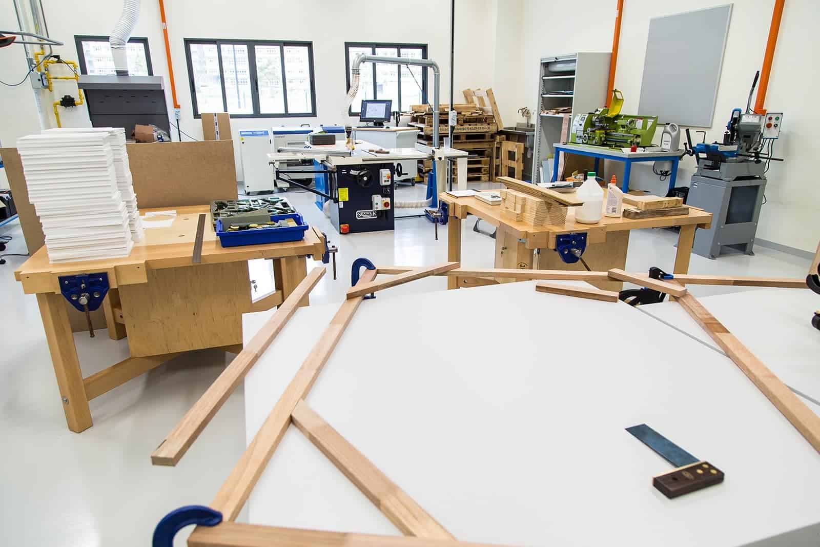 Modern woodworking workshop at Dulwich College Shanghai Pudong for creative student projects.