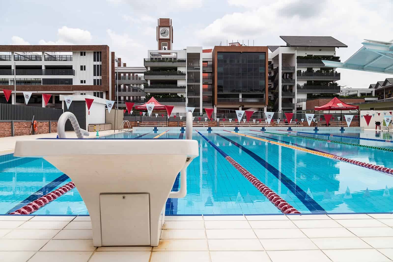 Swimming pool at Dulwich College Shanghai Pudong for student training and recreation.