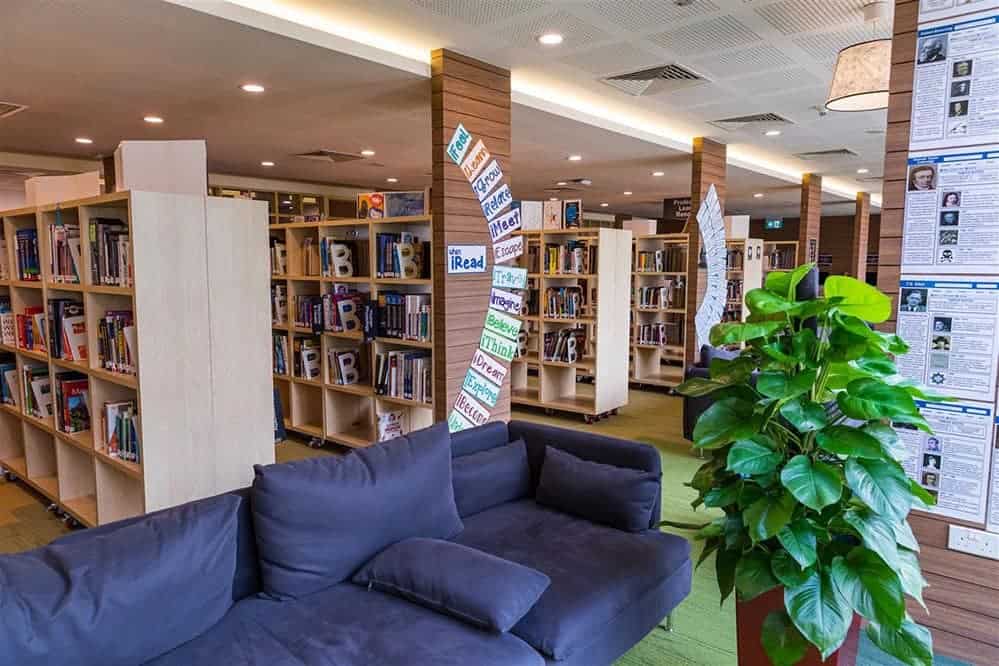 Modern library interior at Dulwich College Shanghai Pudong.