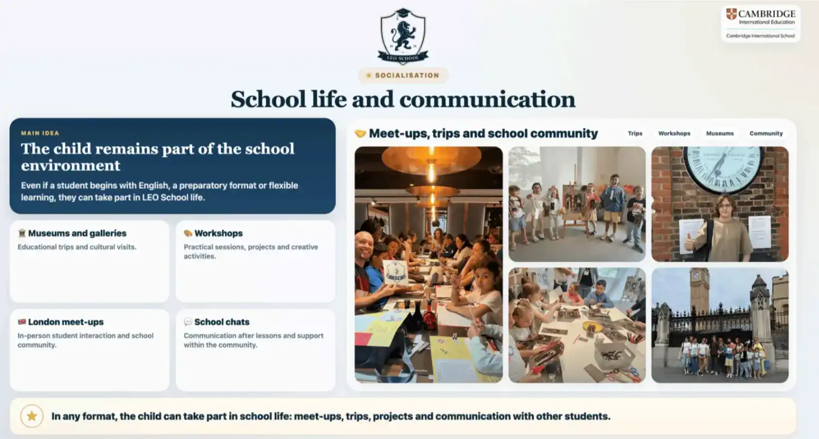School life and communication activities at World Schools event.
