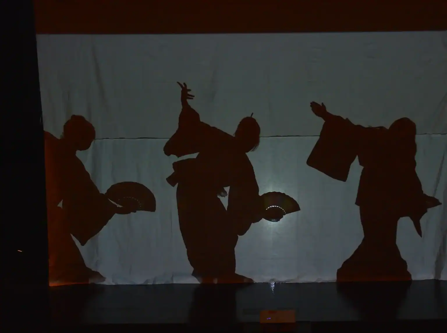 Shadows of children performing traditional dance with fans at a school cultural event.