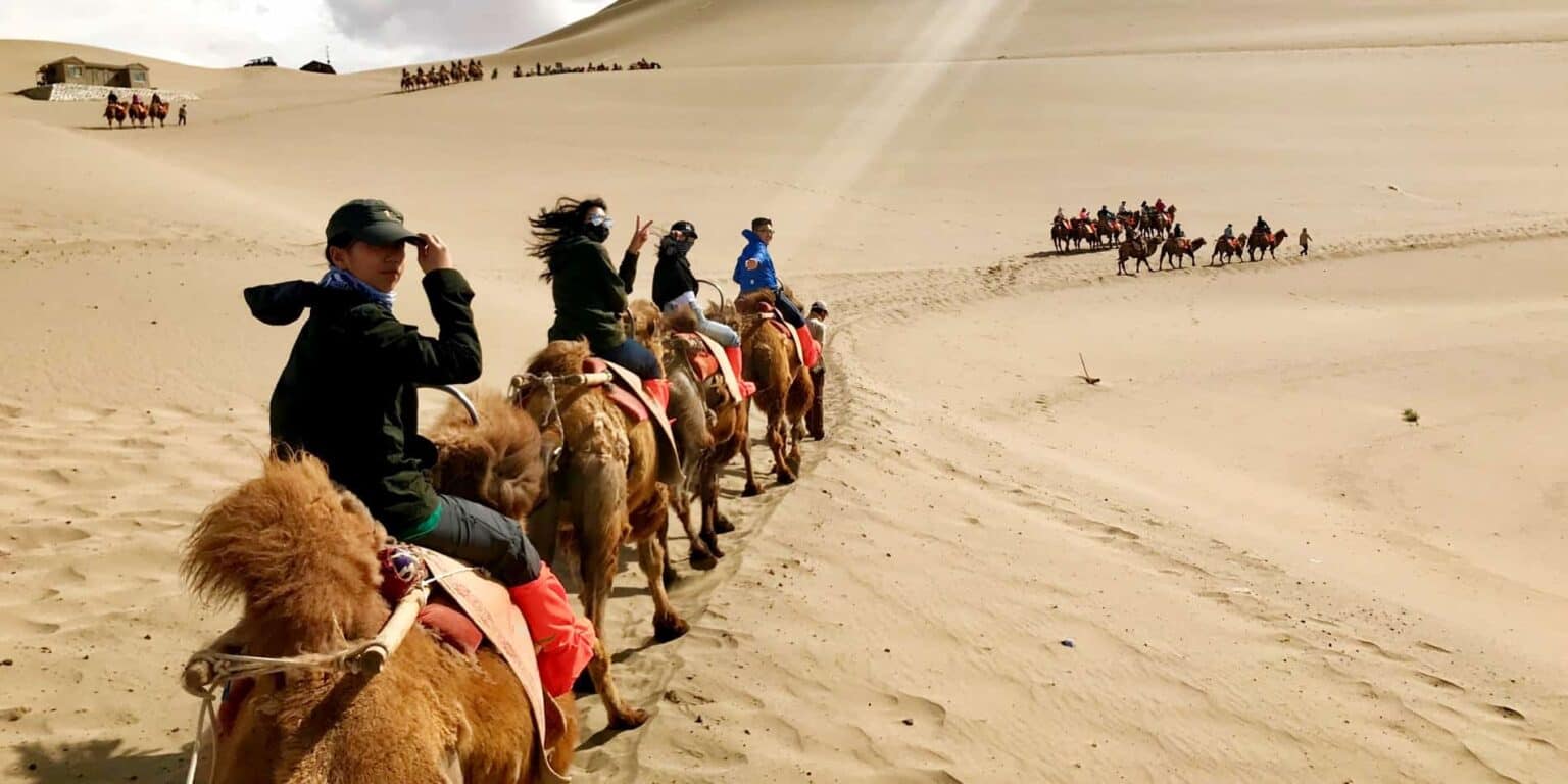 Kameelrijden in de woestijn met studenten en toeristen die zandduinen verkennen.