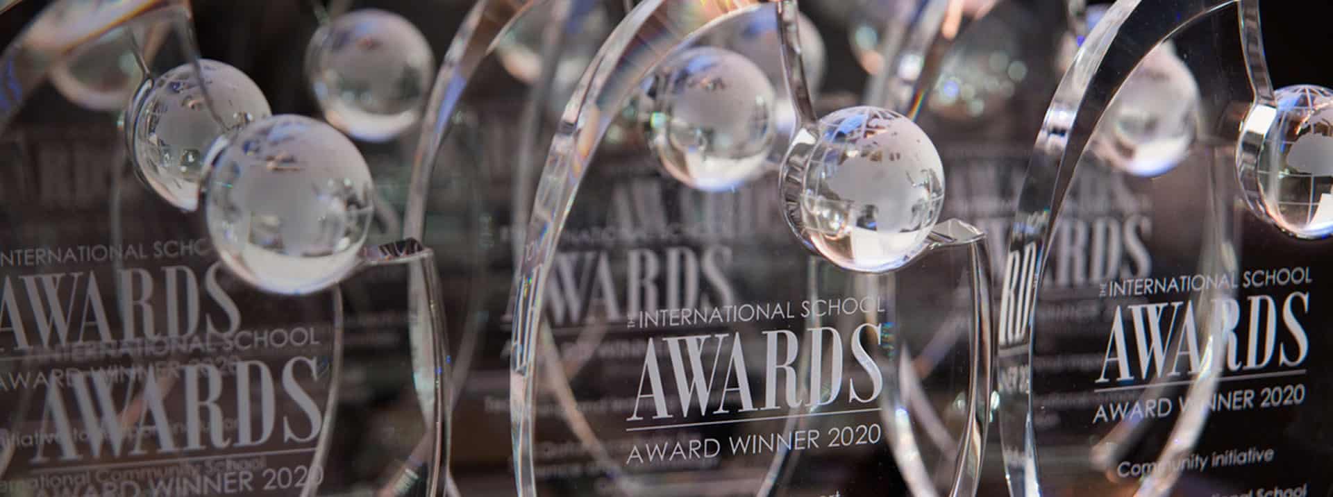 Elegant glass awards for World Schools international education excellence, 2020.