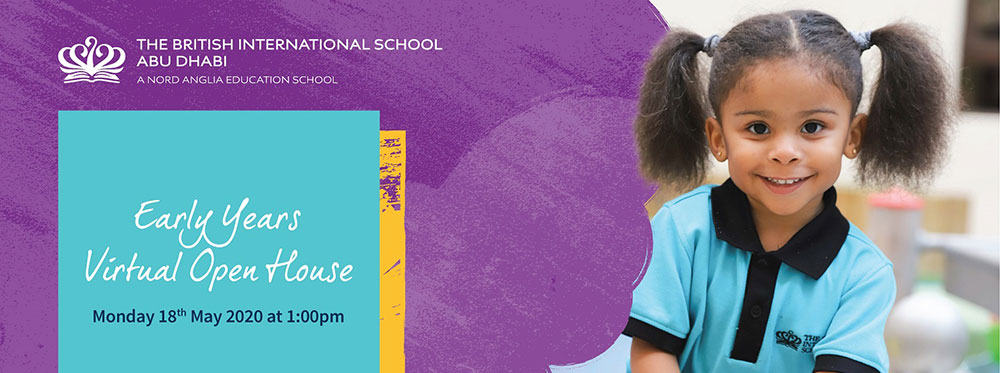 Bright young girl in blue school uniform smiling, promoting World Schools Early Years virtual open house event.