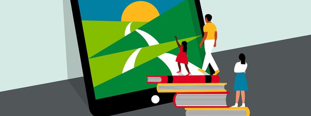 Interactive online education with diverse students engaging through digital learning platforms.