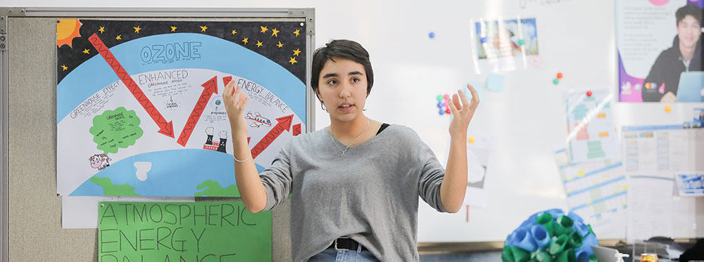 Ozone layer education in classroom, climate change awareness, environmental science learning.