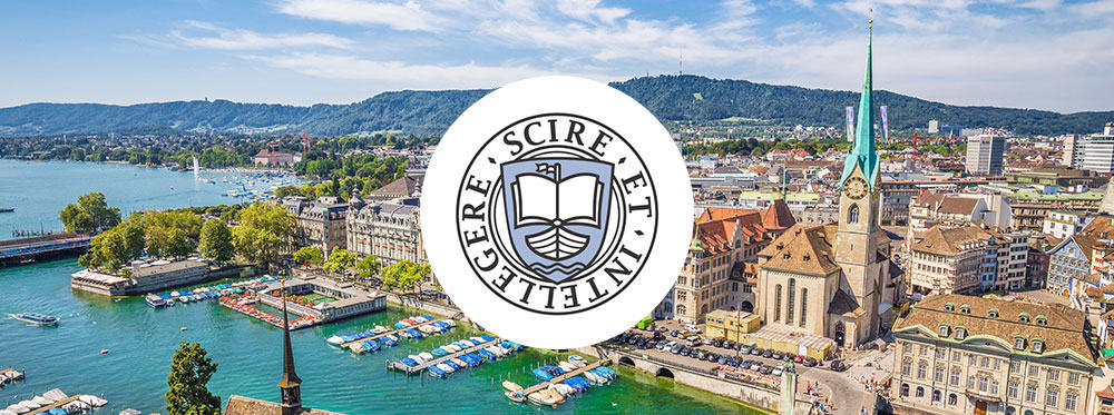 Modern cityscape of Zurich with lake and mountains, emphasizing international schools and quality education.