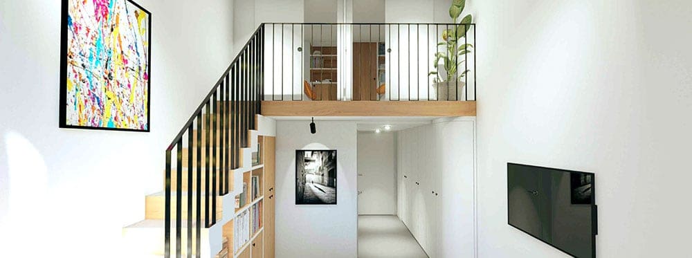 Bright modern living room with minimalist design, high ceilings, and stylish decor options.