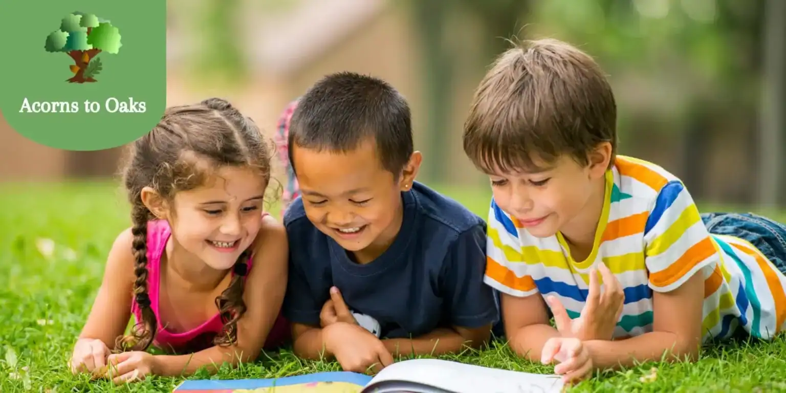Bright young children enjoying outdoor learning in a lush green park setting, promoting healthy education environments.