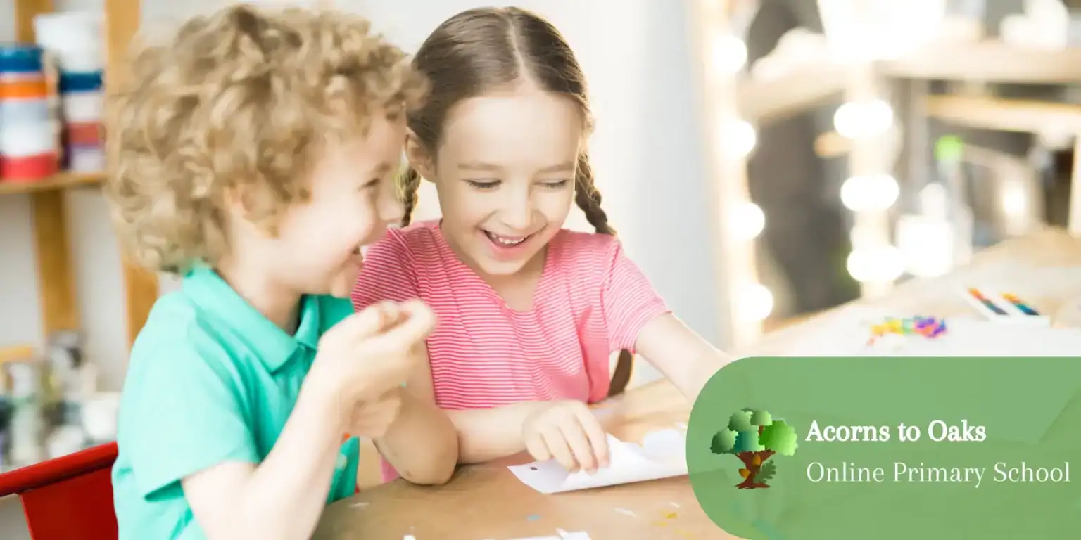 Cheerful children sharing educational activities at online primary school, promoting engaging learning.