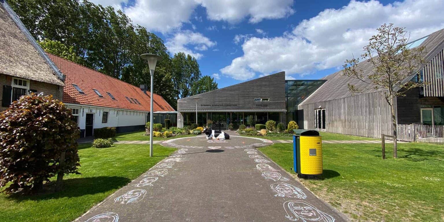 Colorful schoolyard with modern and traditional buildings, lush green landscape, and playful chalk art design.