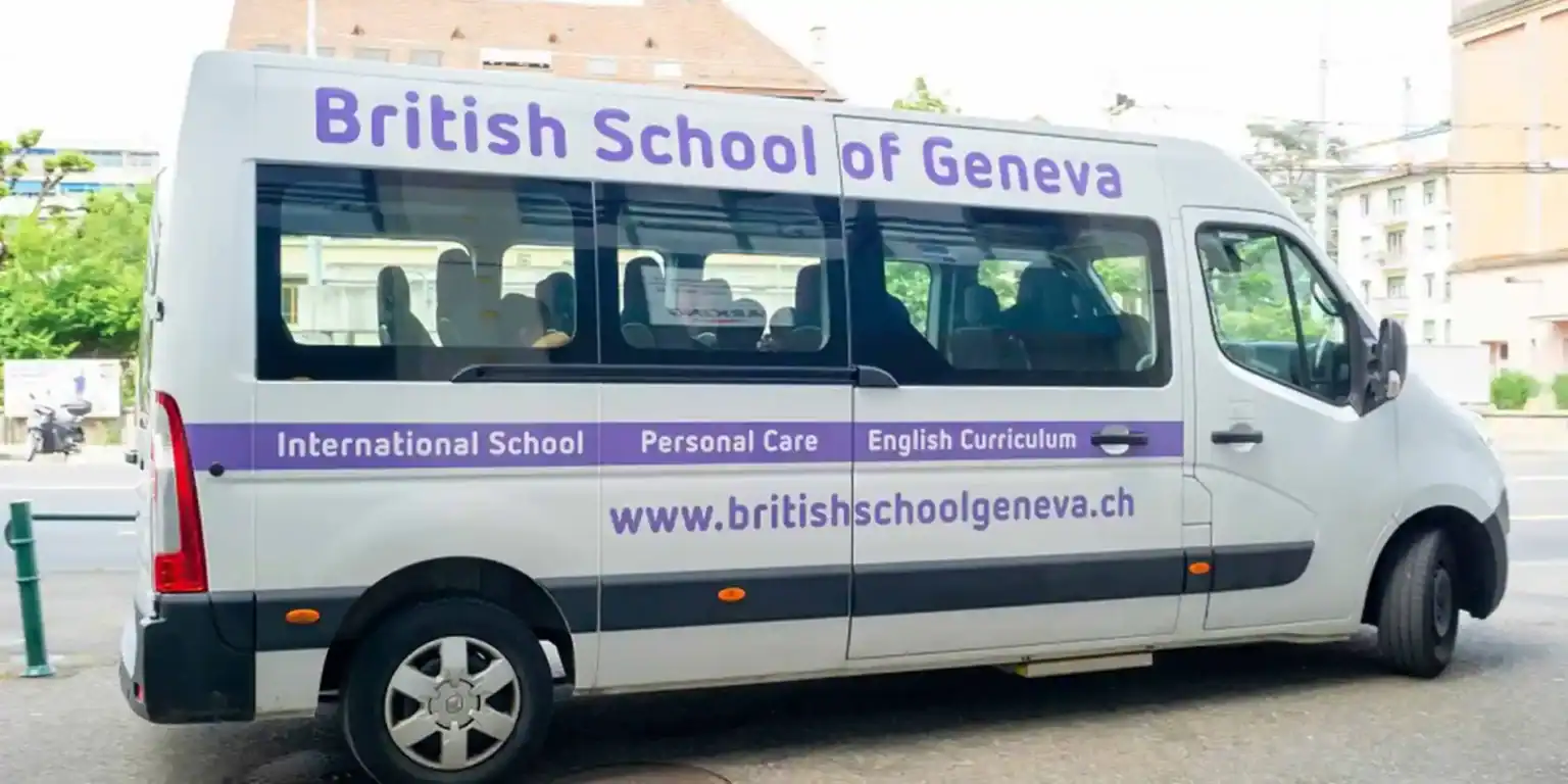 School transportation vehicle for British School of Geneva, promoting international education.
