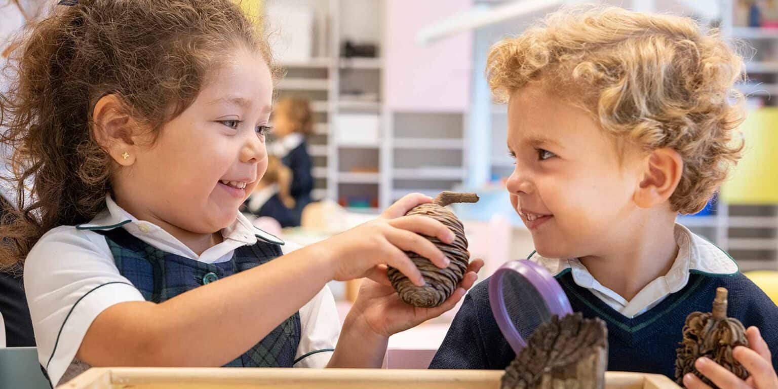 Colorful preschool classroom with young children exploring pinecones and nature, fostering early science learning and curiosity.
