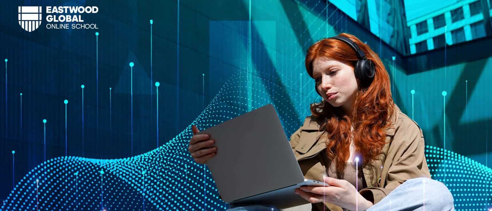 Online student studying remotely with headphones and laptop at Eastwood Global Online School for international education and digital learning.