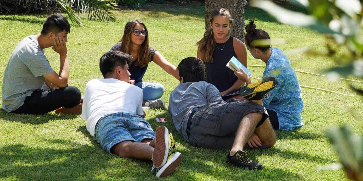 Students studying outdoors on lush green grass at a World Schools educational event.
