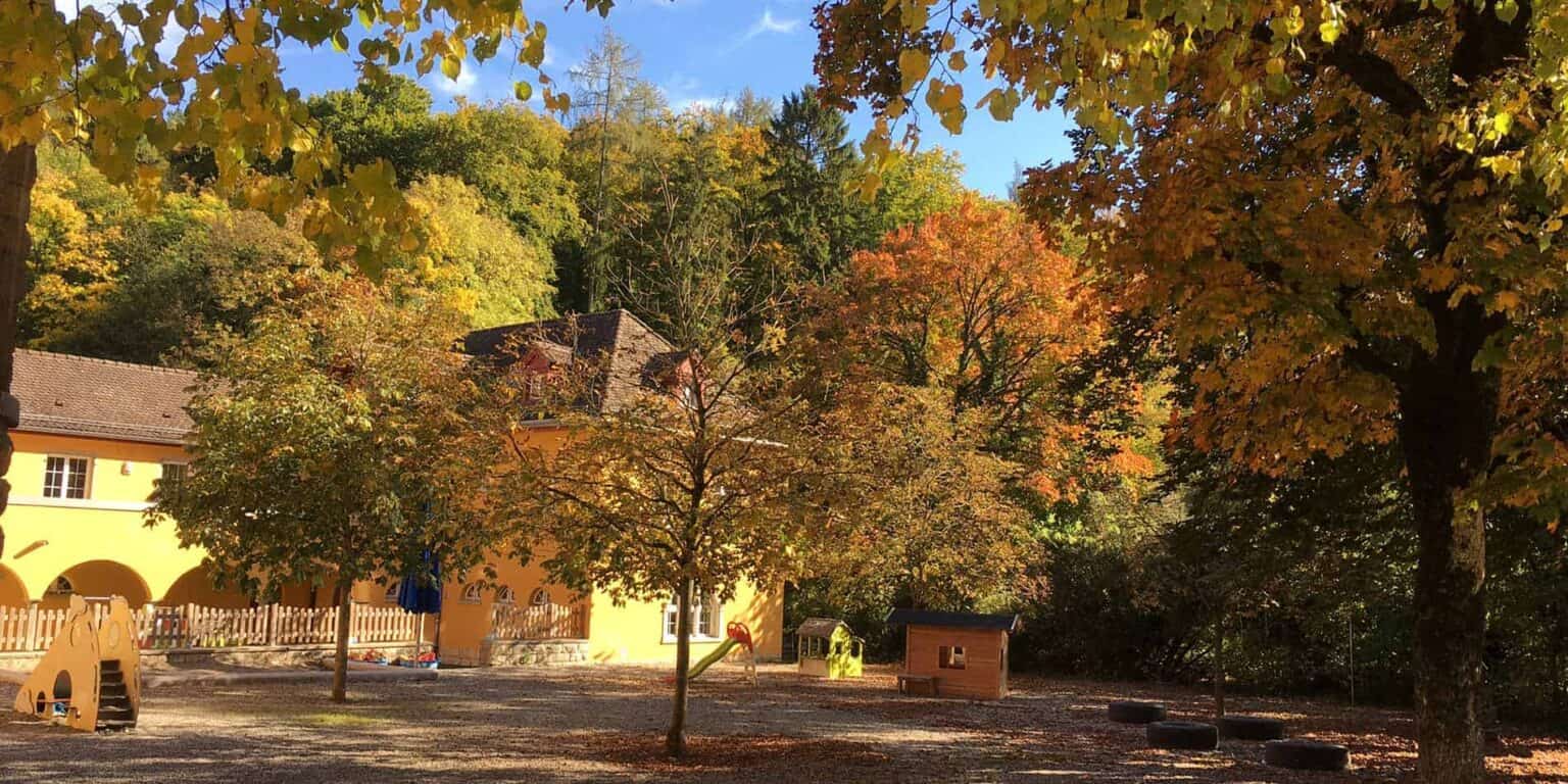 Colorful autumn trees surrounding a charming school building with playground area, perfect for outdoor learning and student activities.