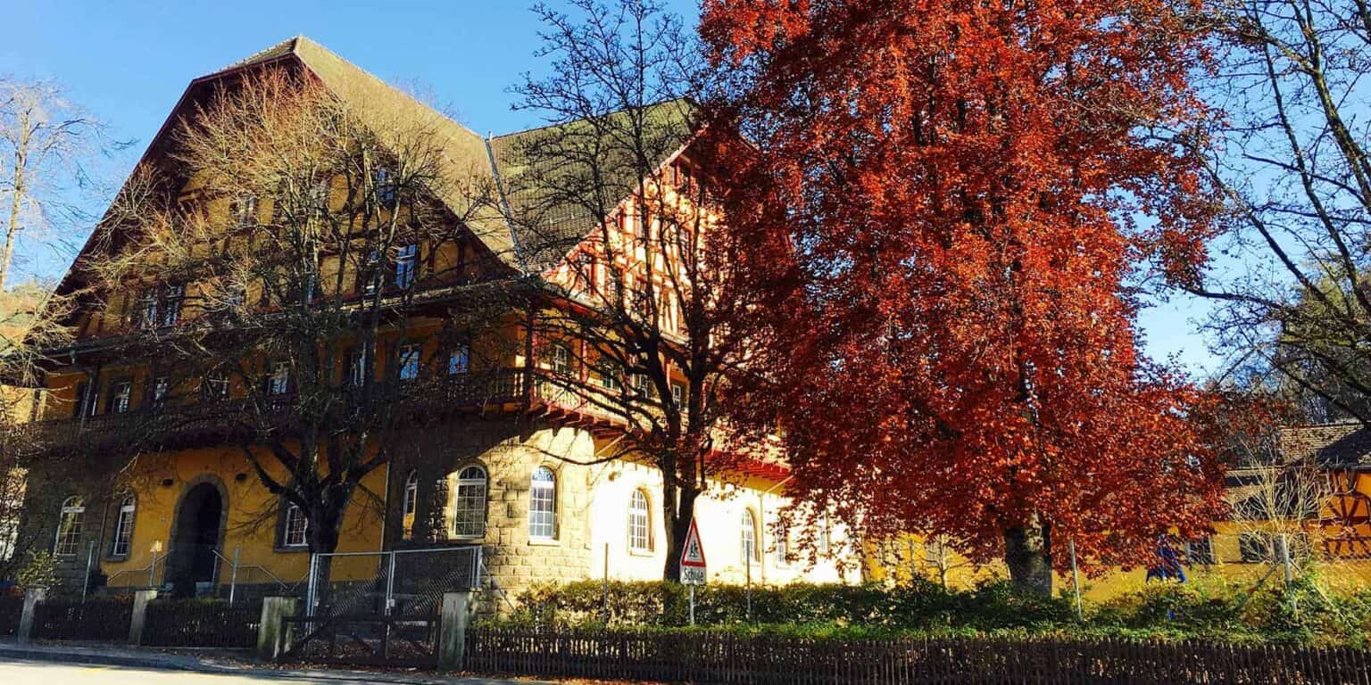 Traditional European school building surrounded by autumn trees with vibrant red and orange leaves.