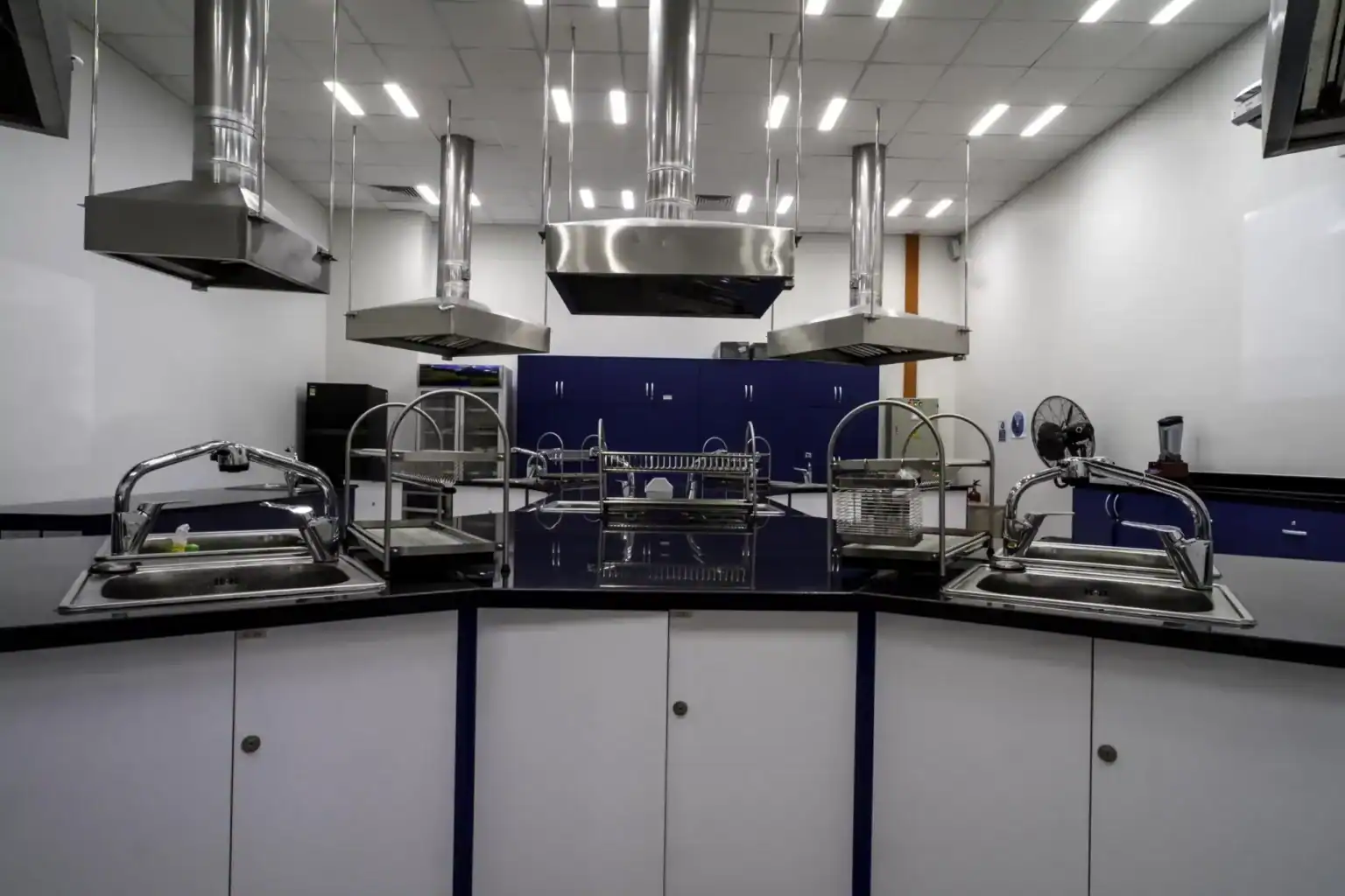 Modern kitchen lab in a school culinary program, stainless steel appliances, cooking stations, and ventilation hoods.