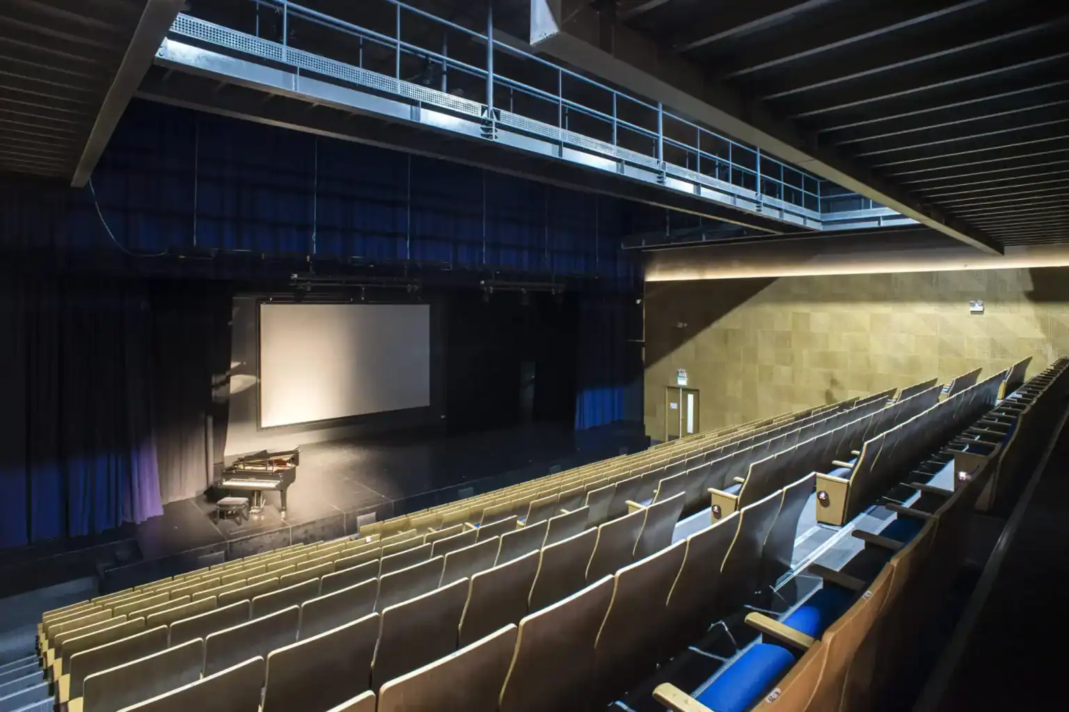 Ultra-modern auditorium with seating, stage, and projection screen for world-class student performances.