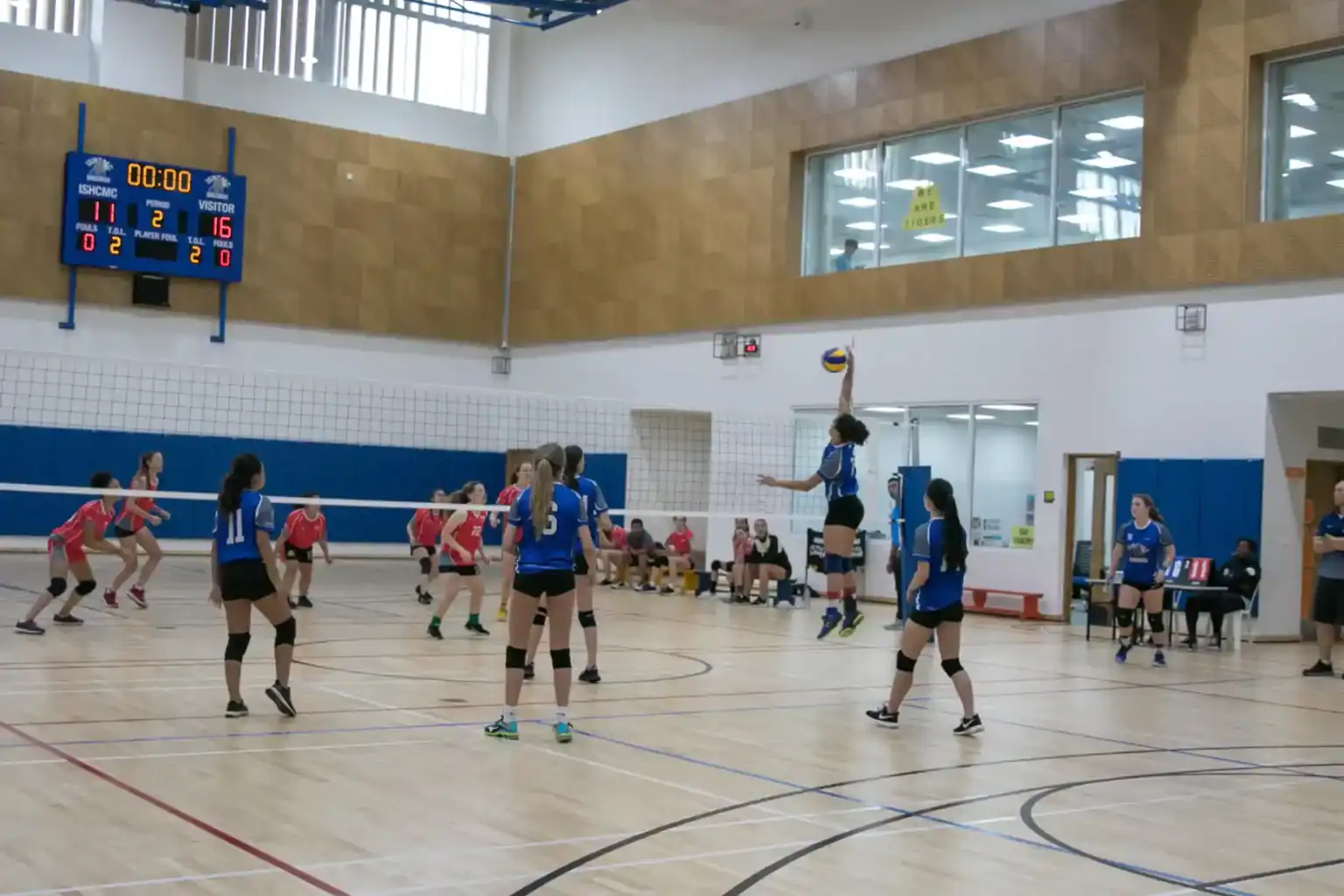 Active girls volleyball match at an international school gym.