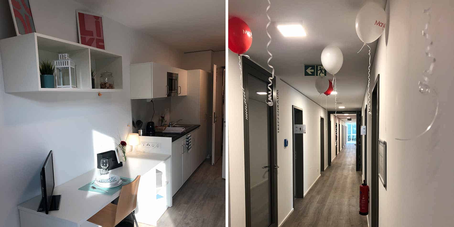 Moderna residencia de estudiantes con paredes blancas, acogedora cocina y pasillo decorado con globos y señales de emergencia.