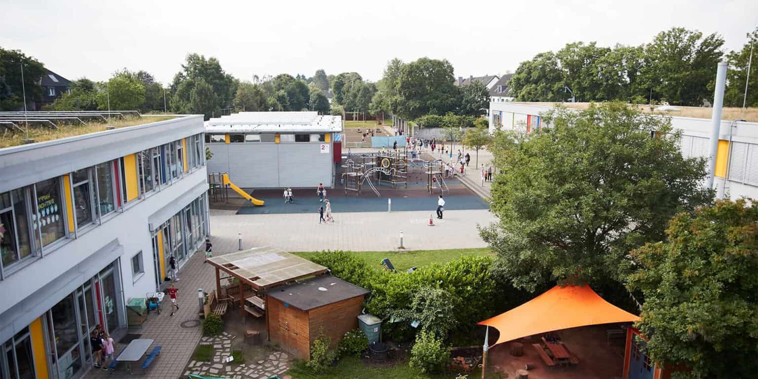 Modern international school campus with playground and outdoor learning spaces.