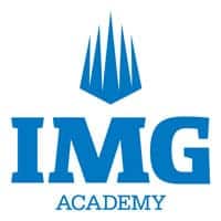 Blue logo of IMG Academy with spiked icon and bold lettering representing elite international schools.