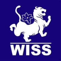 Elegante leão branco com logótipo de flor púrpura para o ensino de excelência da World Schools International.