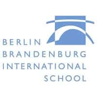 Modern Berlin Brandenburg International School logo with blue arc design and text.