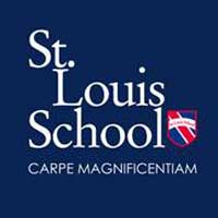 Bright blue logo of St. Louis School with a shield emblem and motto.