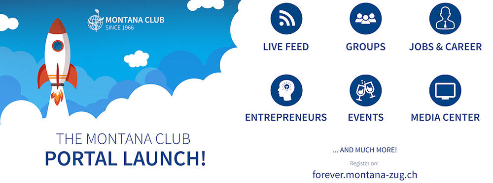 Rocket launch with clouds and sky background for Montana Club portal; digital media, networking, events, career opportunities.