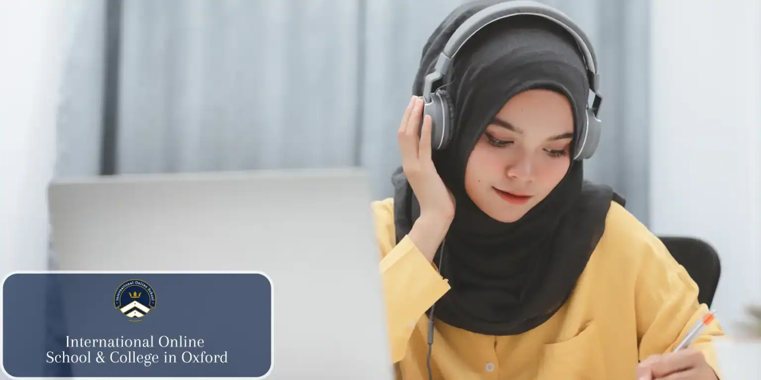 Online student with Headphones studying, international online school in Oxford, academic excellence, digital learning.