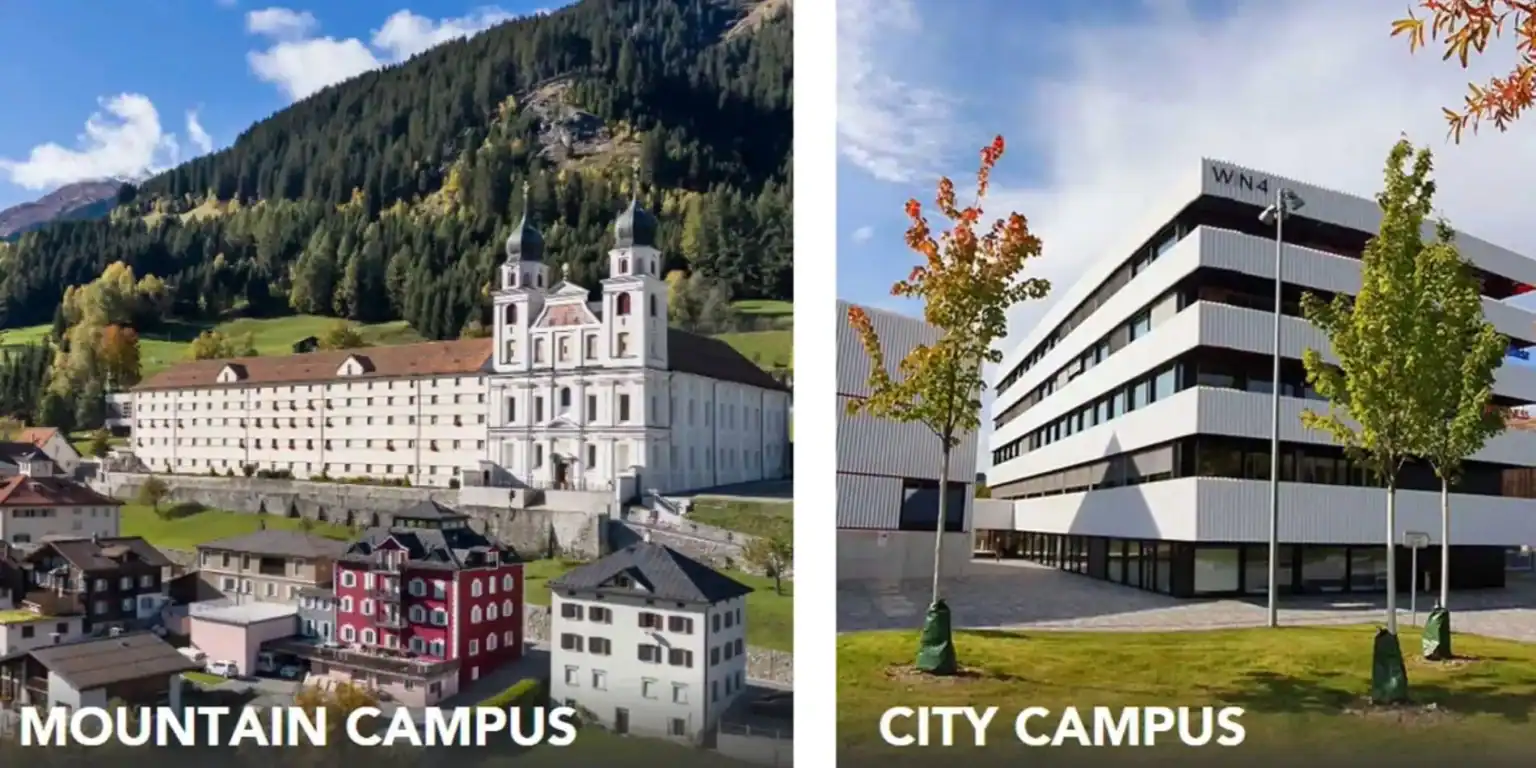 Aerial view of a mountain campus with historic church and colorful houses; modern city campus with sleek design and trees.