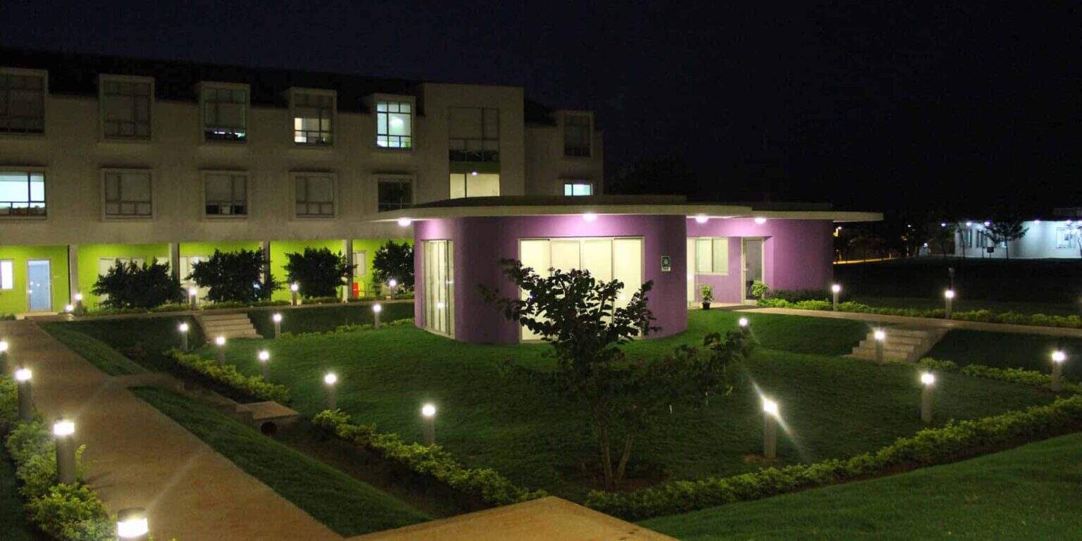 Modern school building illuminated at night with landscaped gardens and pathway lighting.