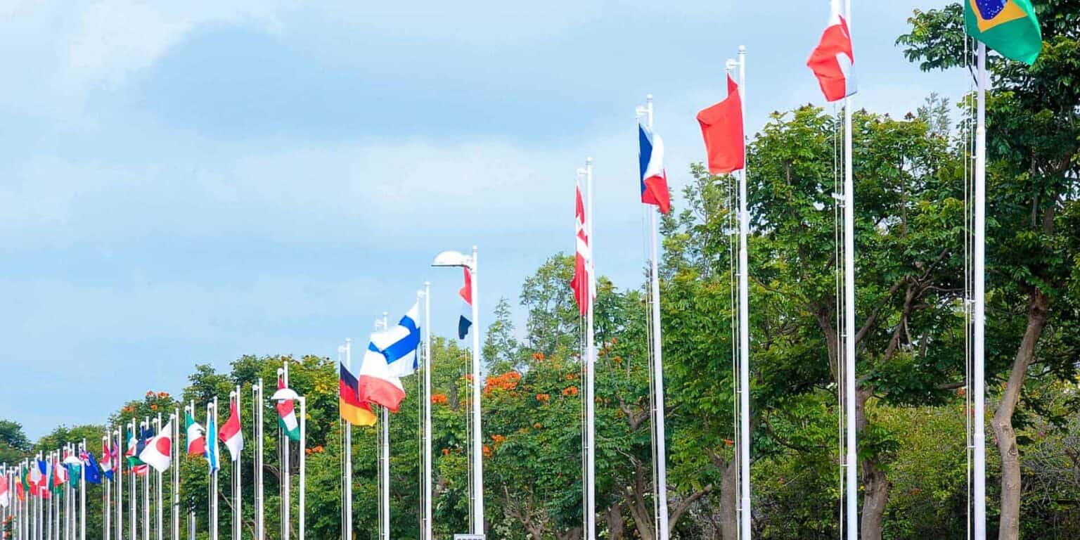 Colorful international flags at a global school campus promoting diversity and international education.