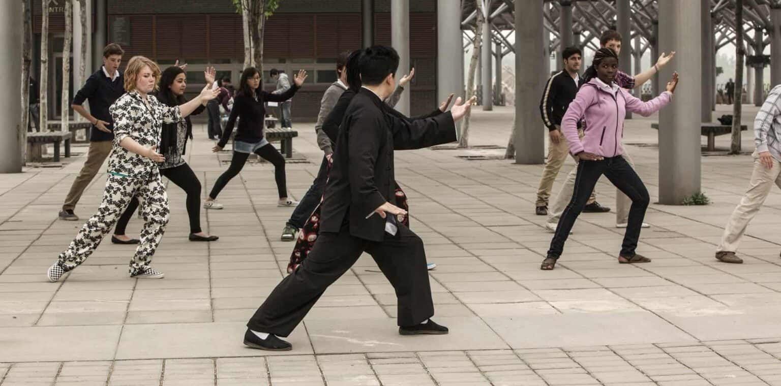 Energetic students practicing martial arts outdoors at a modern school campus.