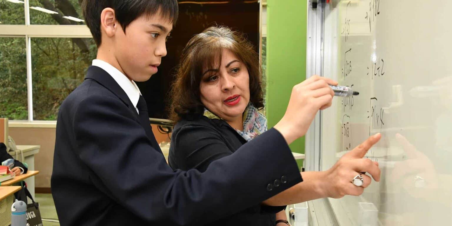 Motivated student and teacher collaborating on whiteboard, learning, education, academic success, school learning environment.