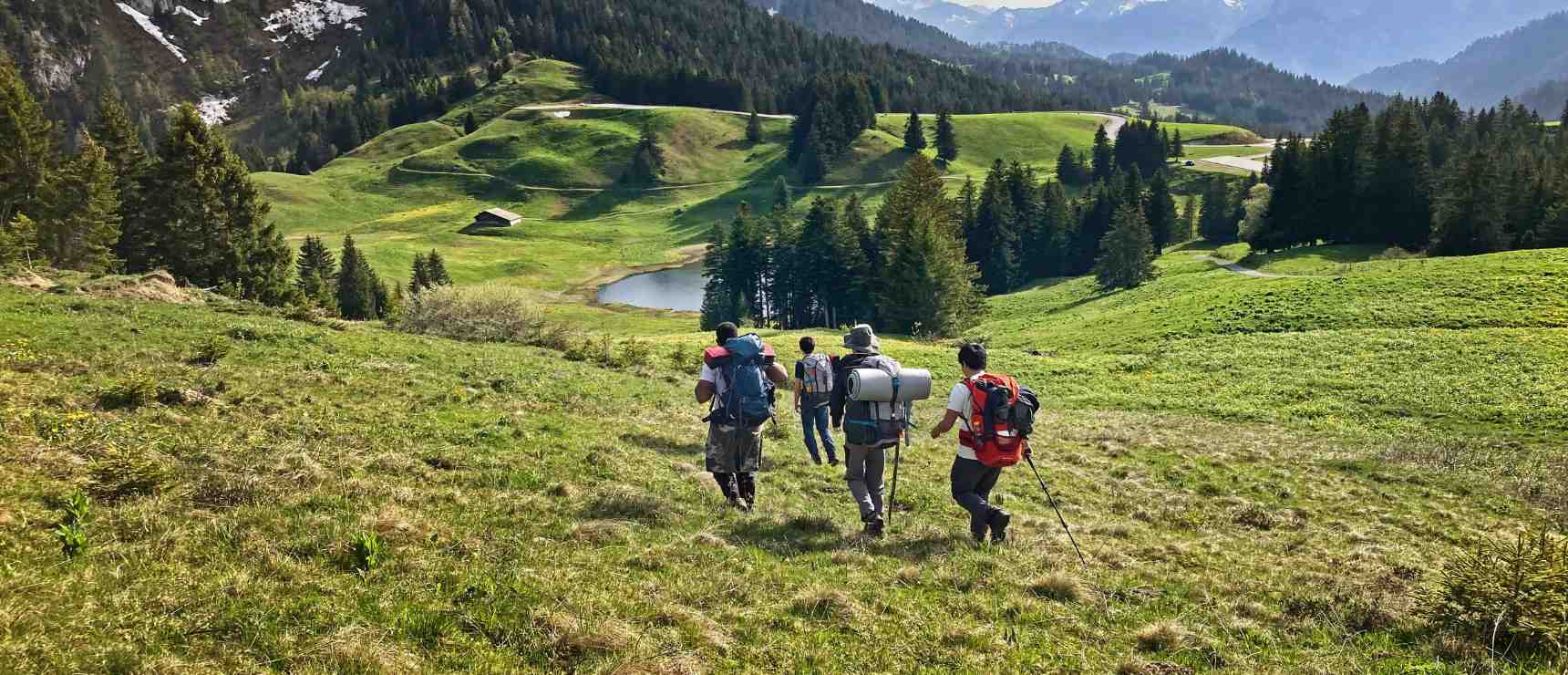 Hiking group exploring lush green mountainous landscape with scenic views and a small lake.
