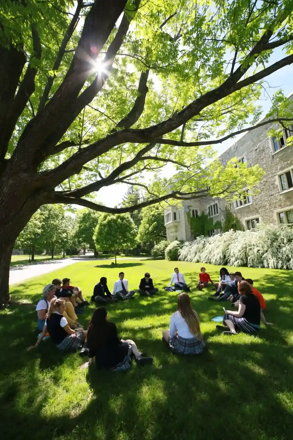 Students sitting outdoors in a circle on a lush green lawn at a world school.