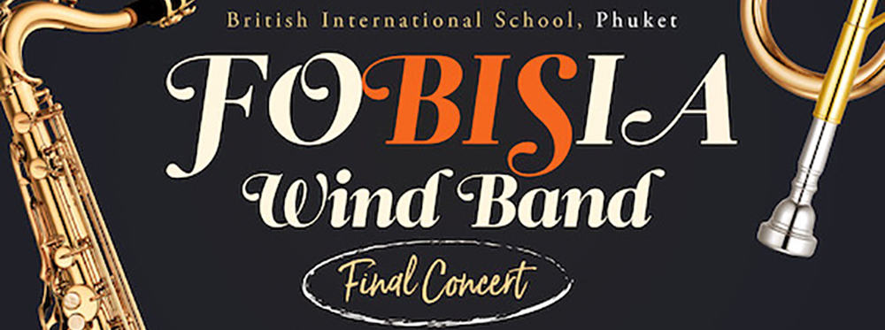 Students performing at British International School Phuket wind band final concert for a music event.