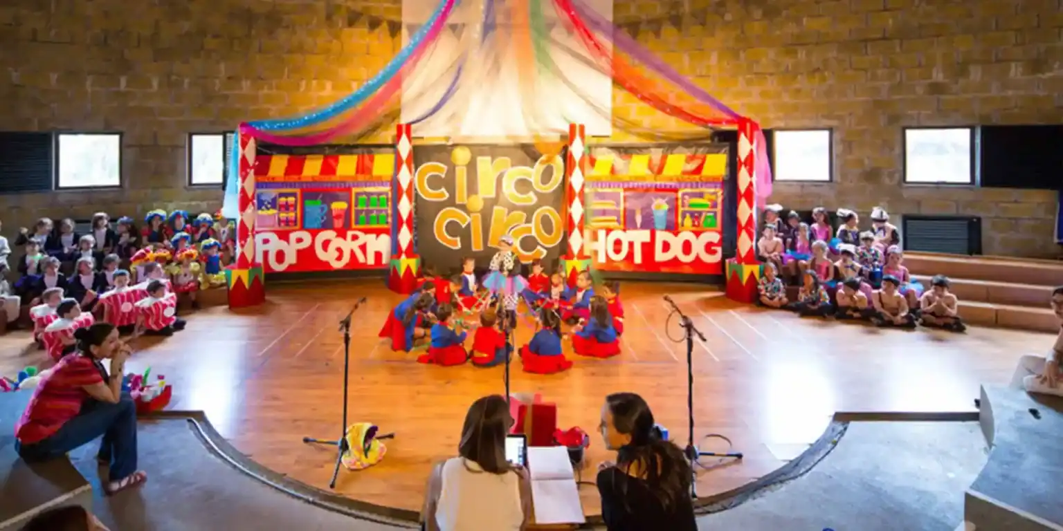 Colorful circus-themed stage with children performing and audience of kids in costumes, promoting energetic school activities.