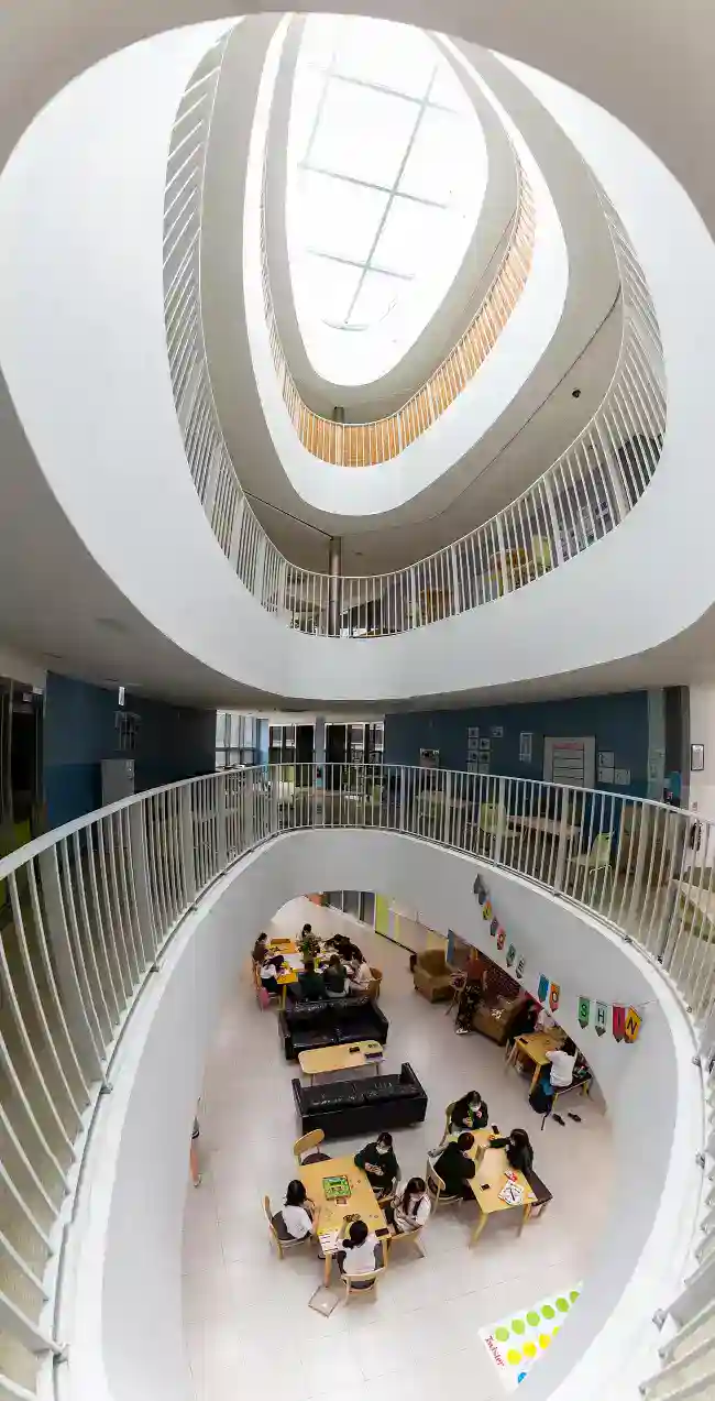 Bright modern school atrium with students studying and collaborating in a spacious, multi-level educational environment.