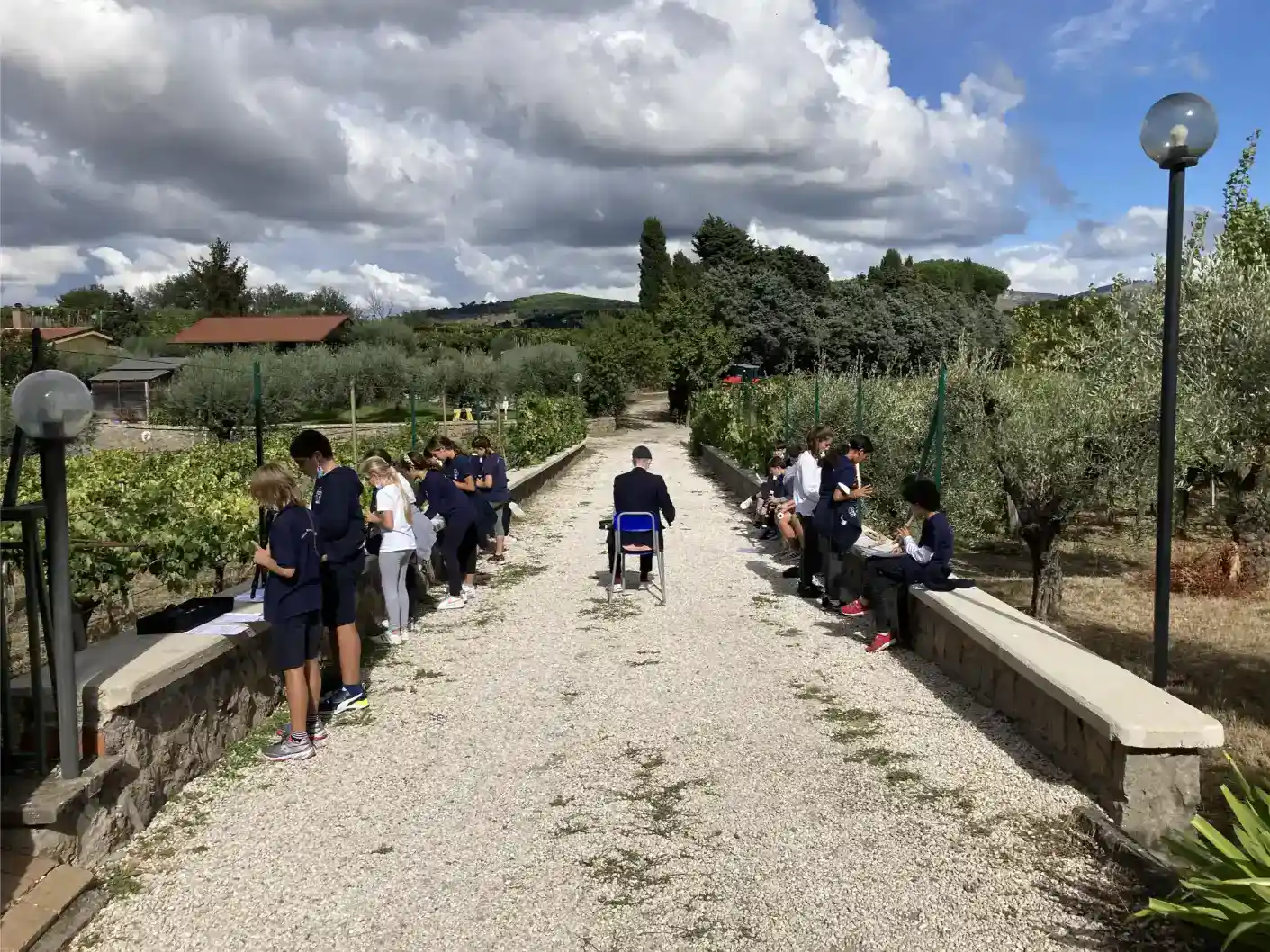 Students in outdoor classroom setting at a world school, engaging with nature and learning.