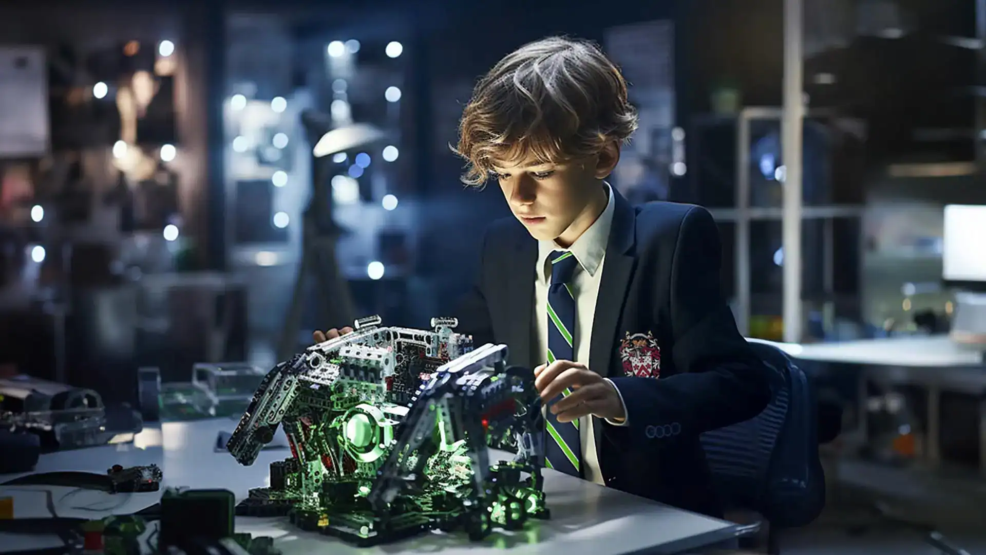1. Boy in school uniform building a mechanical robot with LEGO in a futuristic workshop.