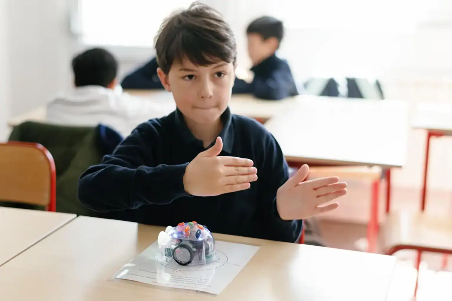 Innovative robotics class at a world school fostering STEM skills and creativity for students.